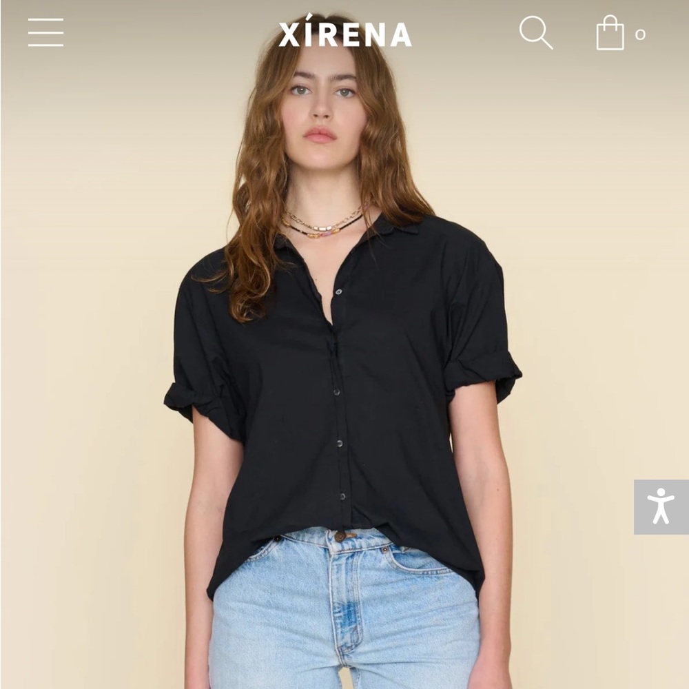 Black short sleeve button down with rolled sleeves. 100% cotton poplin.